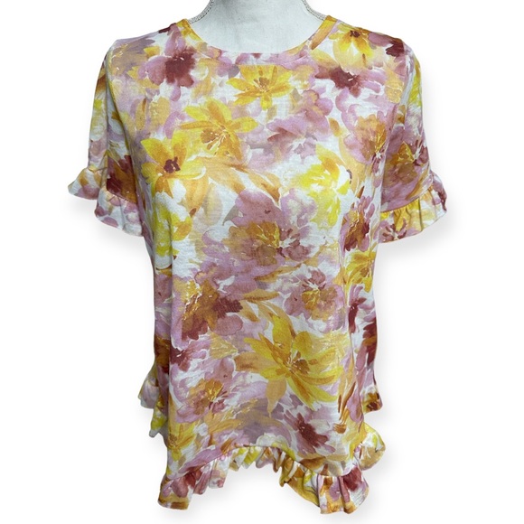 Greige Boutique Yellow/Pink Floral Print Ruffled Blouse Top NWT - Picture 3 of 9